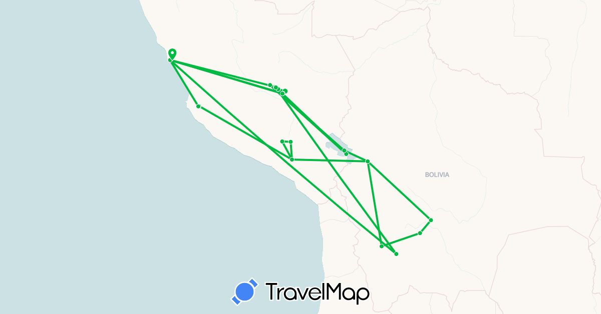 TravelMap itinerary: bus in Bolivia, Peru (South America)
